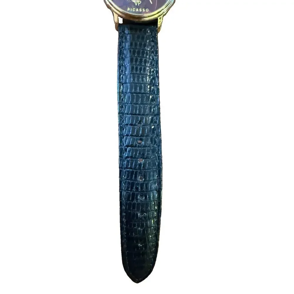 Vintage VP Picasso Art Watch 32mm Gold Black Lizard Strap Quartz. New Battery